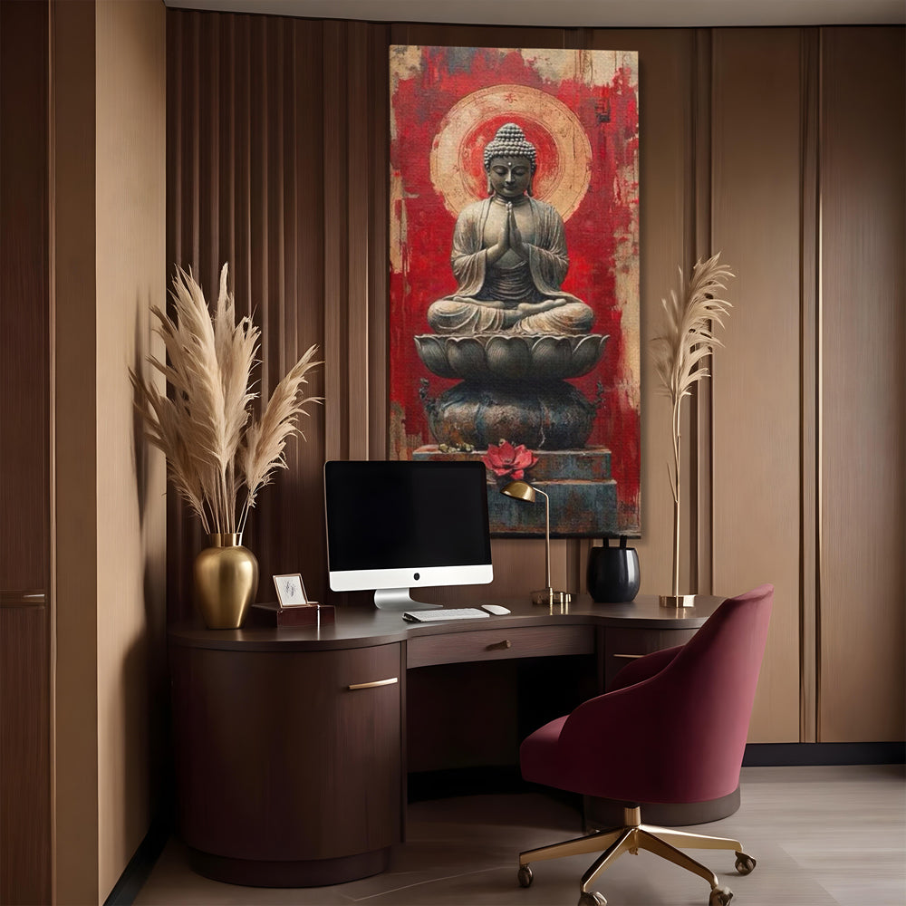Tablou canvas cu tablou canvas cu statuie buddha pe floare de lotus, fara rama, pe sasiu de lemn, pe perete intr-un birou